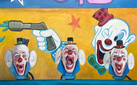 Shoot a Clown, Pop a Balloon, Win a Prize by Laura Jo Alexander, oil on canvas